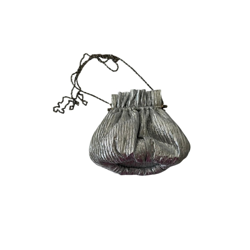 Vanessa Paris Silver Metallic Pleated Evening Bag Crossbody‎ Clutch Kiss Lock
